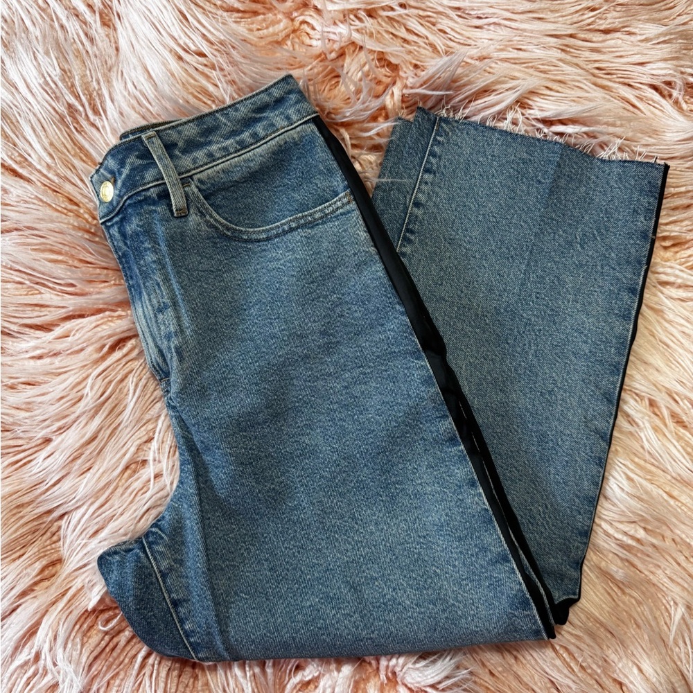 Express Relaxed Straight Ankle High Rise Jeans with Stripe detail